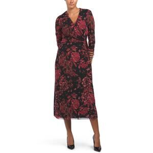 NWT Anne Klein Women's Floral Print Long Sleeve Tie Waist Wrap Midi Dress